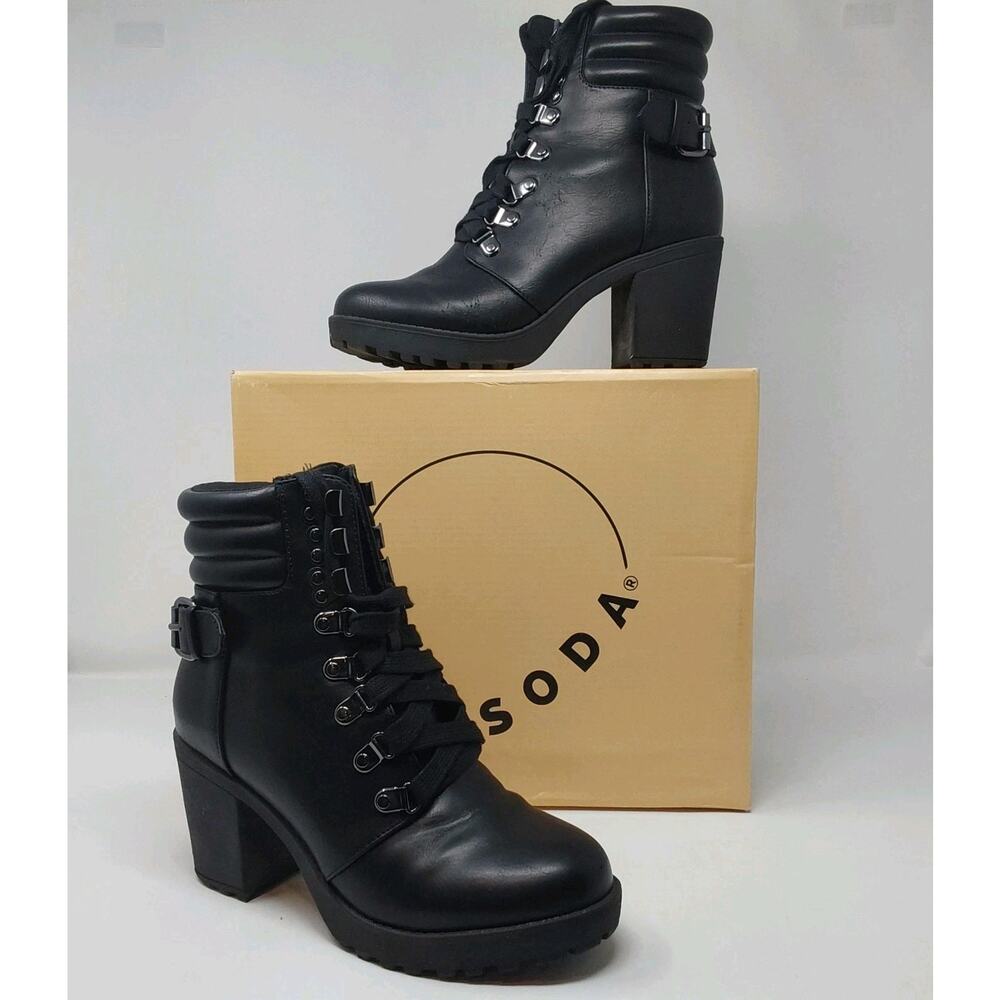 Soda Combat Boots Black PU Heeled Lug Sole Lace Up Womens Size 7